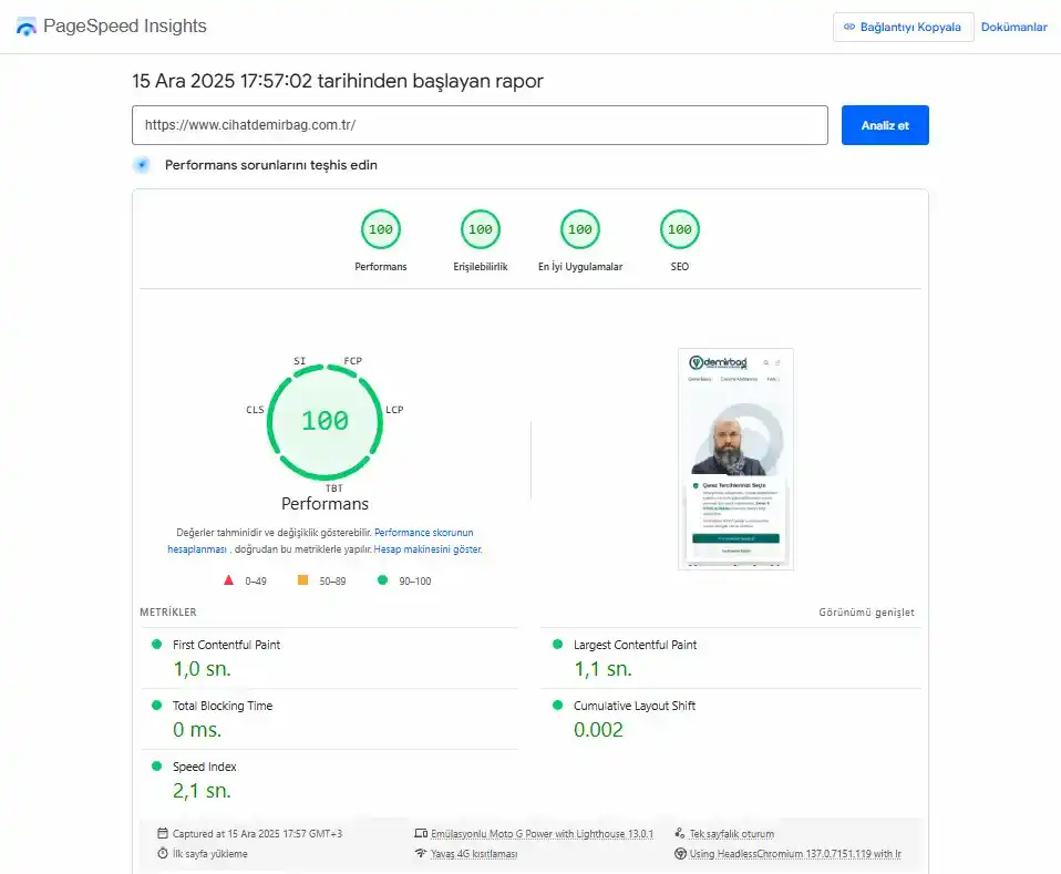 Google PageSpeed 100 Score Result